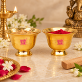 Brass Chandan Bowls shown in a traditional puja setting with sandalwood paste and kumkum placed inside the bowls, surrounded by diya, flowers and devotional decor for daily worship, temple rituals and festive ceremonies.