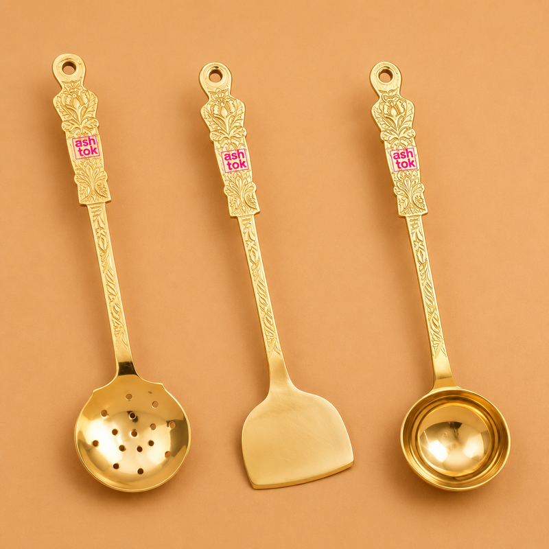 Brass cooking spoon set of 3, handcrafted ladles for traditional cooking, serving and kitchen use