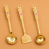 Brass cooking spoon set of 3, handcrafted ladles for traditional cooking, serving and kitchen use