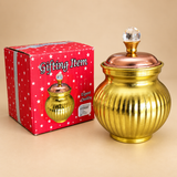 Brass and copper decorative gift box shown open in a warm festive lifestyle setting and filled with assorted chocolates, with the copper-toned lid resting at an angle to reveal the spacious golden brass interior, surrounded by tasteful gift packaging, flowers, nuts and festive decor on a beige surface, demonstrating practical use as a chocolate box, dry fruit container, sweets box or traditional gift item for weddings, anniversaries, Diwali, housewarming celebrations and special occasions.