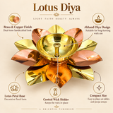 Feature image of a brass and copper lotus diya on a beige background, highlighting the elegant dual-tone finish, lotus-inspired petal design, circular oil holder, and handcrafted traditional appeal, presenting the diya as a stylish and devotional decorative piece suitable for pooja rooms, festive table décor, home mandirs, spiritual gifting, return gift collections, and traditional Indian celebrations.