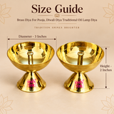 Size guide for traditional brass diya showing approximately 3 inches diameter and 2 inches height, with clear measurement arrows around the polished brass oil lamp on a premium beige background for easy product size reference.