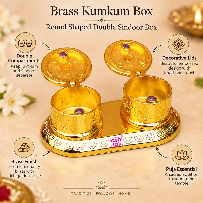 Features image of Brass Kumkum Box highlighting two separate round compartments, hinged decorative lids, embossed traditional detailing, polished golden brass finish and practical design for storing kumkum, sindoor, haldi and other puja essentials.