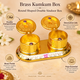 Features image of Brass Kumkum Box highlighting two separate round compartments, hinged decorative lids, embossed traditional detailing, polished golden brass finish and practical design for storing kumkum, sindoor, haldi and other puja essentials.