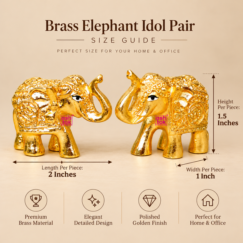Brass Elephant Idol Pair size guide displaying two miniature golden elephant figurines with detailed measurements for each piece. Every elephant measures 2 inches in length, 1 inch in width and 1.5 inches in height. The decorative elephants feature raised trunks, ornate traditional body carvings, embellished headpieces, detailed ears and a reflective golden brass finish. The size illustration helps customers understand the compact dimensions of this set of 2 elephant statues for home decor, office tables.