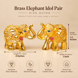 Brass Elephant Idol Pair size guide displaying two miniature golden elephant figurines with detailed measurements for each piece. Every elephant measures 2 inches in length, 1 inch in width and 1.5 inches in height. The decorative elephants feature raised trunks, ornate traditional body carvings, embellished headpieces, detailed ears and a reflective golden brass finish. The size illustration helps customers understand the compact dimensions of this set of 2 elephant statues for home decor, office tables.