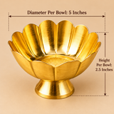 Size guide of a traditional brass flower bowl featuring a polished golden lotus-shaped design with scalloped flower petals, a decorative textured interior and a sturdy pedestal base. The bowl measures 5 inches in diameter and 2.5 inches in total height, making it a compact decorative bowl suitable for pooja flower offerings, festive arrangements, home decoration and traditional gifting.