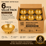 6-piece value pack of handcrafted 6-inch brass fruit bowls, individually packed in premium packaging for return gifts, hospitality, restaurants, festive occasions, and bulk orders.