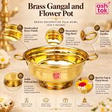Features image of Brass Gangal highlighting the polished brass finish, decorative wide bowl design, dual circular side handles, stable pedestal base and multipurpose use for puja, flowers and traditional decor.