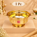 Single Brass Gangal and Flower Pot decorative puja bowl displayed on a premium beige pedestal with 1 PC indicated above, featuring a polished golden finish, two side handles, wide round bowl and raised base, suitable for individual gifting, puja use and decorative flower arrangements.