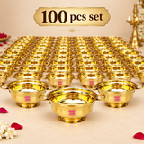 Bulk presentation of 100 Brass Gangal decorative bowls with multiple polished golden pieces arranged for wholesale orders, wedding return gifts, religious events and large quantity festive gifting.