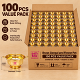 100 piece bulk value pack of Brass Gangal and Flower Pot decorative puja bowls arranged securely inside a large partitioned cardboard carton, suitable for wholesale orders, wedding gifting, festive distribution, event planners, traditional functions and large bulk gifting requirements.