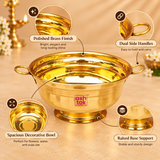 Features image of a Brass Gangal and Flower Pot highlighting polished brass finish, dual side handles for easy carrying, spacious decorative bowl interior and raised stable pedestal base. The traditional bowl is suitable for flowers, water arrangements, festive decoration, puja use and gifting.