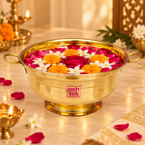Brass Gangal and Flower Pot styled in a festive lifestyle setting filled with water, rose petals, marigold flowers and white blossoms, demonstrating its use for puja decoration, floating flower arrangements, festive home décor, weddings, traditional ceremonies and special occasions.
