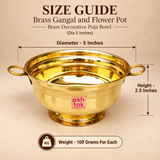 Size guide for Brass Gangal showing approximately 5 inches diameter, 2.5 inches height and 100 grams weight for each bowl, with clear measurement markings on a premium beige background.