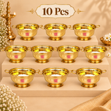 Set of 10 Brass Gangalam 6 inch bowls arranged on a beige display for bulk gifting
