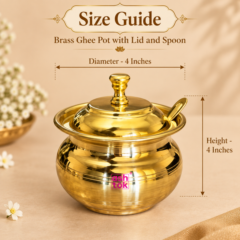 Size guide image of a traditional brass ghee pot with lid and serving spoon showing approximately 4 inches diameter and 4 inches height. The polished golden brass serving container is displayed clearly against a warm beige background with measurement arrows indicating the overall width and height so customers can understand the compact proportions before purchase.