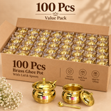 100-piece-bulk-pack.webp
Bulk pack presentation of 100 brass ghee pots with matching lids and serving spoons arranged securely inside a large partitioned cardboard carton for wholesale and large-scale gifting requirements. Each compact traditional ghee serving container is individually protected and features a polished golden brass body, fitted domed lid with decorative knob and matching spoon. 