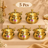 Set of 5 matching brass ghee pots with lids and serving spoons arranged neatly on a warm beige stepped display for gifting and small bulk orders. Each pot features the same polished golden brass finish, rounded traditional body, wide rim, fitted domed lid with decorative knob and matching serving spoon positioned at the side. The five piece quantity is suitable for wedding return gifts, housewarming functions, festive gifting, family ceremonies, religious occasions and small event distribution.