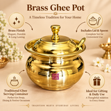 Features image of a premium brass ghee pot highlighting its polished brass finish, matching lid and spoon, traditional ghee serving design and suitability for gifting and daily use. The rounded golden container is presented prominently on a soft beige background with feature callouts around the product. Its design includes a wide serving rim, domed fitted lid with decorative knob, dedicated spoon slot and matching brass serving spoon.