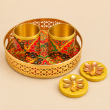 Open view of a brass gift tray with two patterned bowls and matching lids, showing the inside of the bowls and the detailed tray base design.
