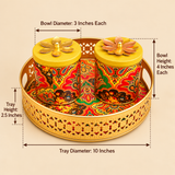 Size guide image of brass gift tray with two lidded bowls showing tray diameter 10 inches, tray height 2.5 inches, bowl diameter 3 inches each, and bowl height 4 inches each.