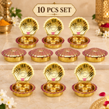 Set of 10 Brass Haldi Kumkum Boxes displayed in an organized bulk gifting arrangement, featuring matching shell-shaped brass cases with three covered inner containers, suitable for weddings, religious functions, festive events and return gifts.