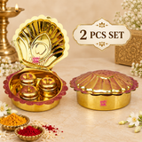 Set of 2 Brass Haldi Kumkum Boxes displayed together on a premium beige background, each featuring a shell-shaped outer case with three covered inner containers, suitable for wedding return gifts, festive gifting, housewarming and religious occasions.