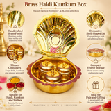 Features image of Brass Haldi Kumkum Box highlighting the handcrafted brass finish, decorative shell-shaped lid, three separate inner containers, compact festive storage design and suitability for keeping haldi, kumkum and sindoor during daily puja and traditional ceremonies.