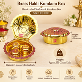Size guide for Brass Haldi Kumkum Box showing approximately 5 inches diameter, 1.5 inches height and 150 grams weight, with the decorative shell-shaped brass container and three inner boxes clearly displayed on a premium beige background for product reference.