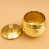 Open brass hammered storage jar with crystal knob lid for dry fruits, sweets, candies, pooja essentials, and home décor by Ashtok.