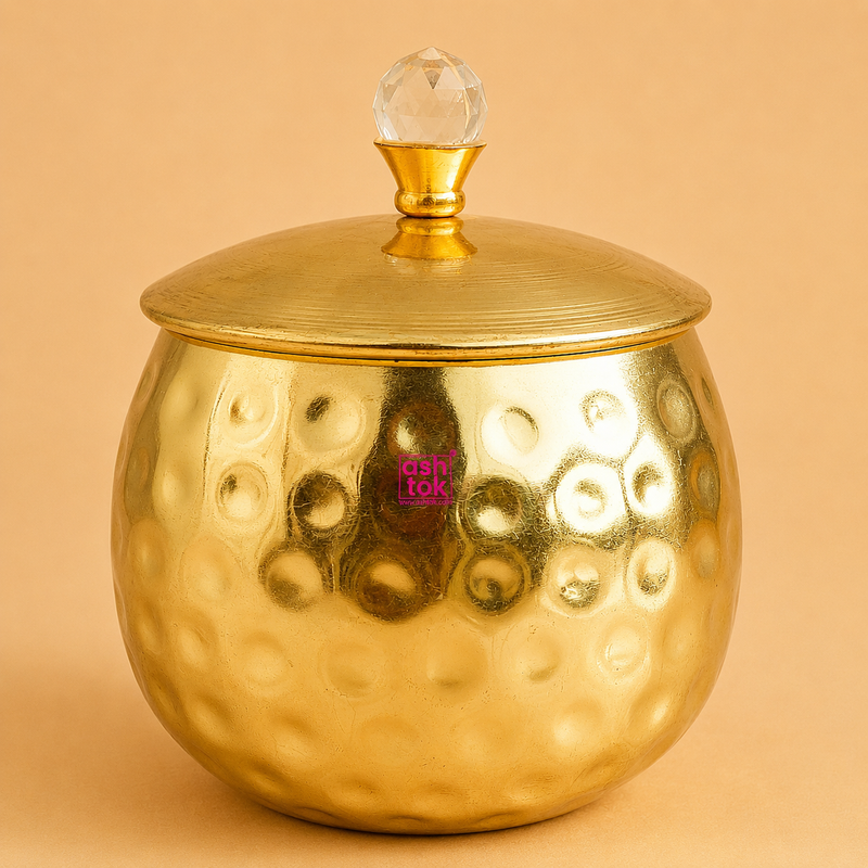 Brass hammered decorative storage jar with crystal knob lid for dry fruits, sweets, pooja items, and home décor by Ashtok.