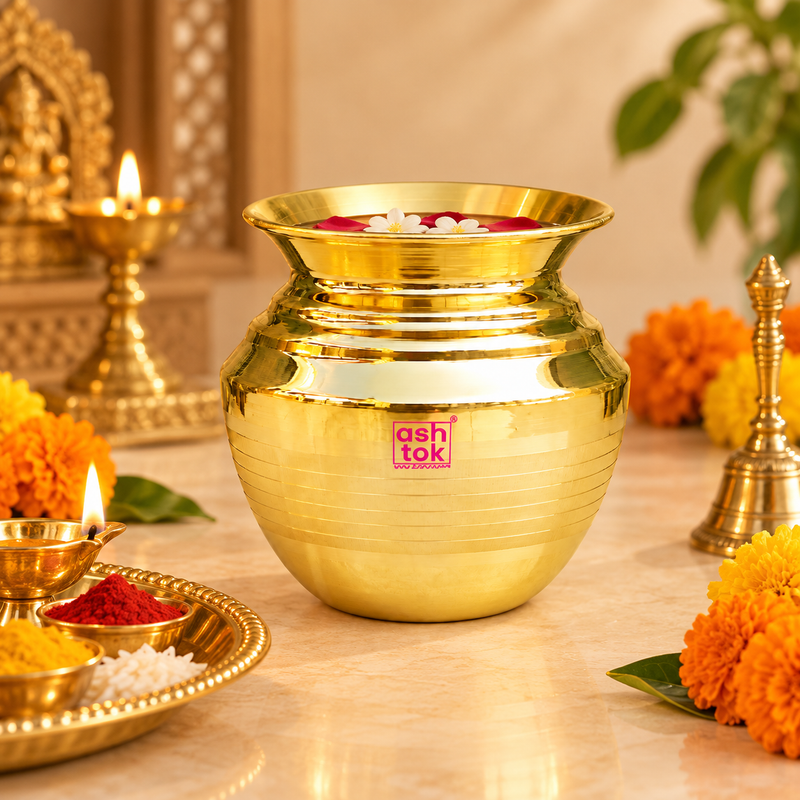 Brass kalash displayed in a traditional puja setting with flowers, diya, kumkum and ritual accessories, showing its use for daily puja, mandir rituals, abhishek and Surya Namaskar offerings.
