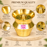 Brass Kalash Shape product features image highlighting its polished golden brass finish, traditional kalash-inspired curved structure, raised central holder, circular openings, wide flared rim, and fine decorative grooves. The compact 2-inch brass pooja accessory combines a traditional appearance with practical design details, making it suitable for religious ceremonies, home temple arrangements, daily prayers, and festive pooja decoration.