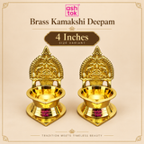 Brass Kamakshi Deepam set of 2 shown in a clean beige product presentation with elegant text highlighting the 4 inch size variant. The image displays two matching brass deepams with finely detailed traditional backplates, smooth oil bowls, and polished stepped bases. The composition emphasizes the compact devotional lamp size, premium brass finish, and classic styling, making it ideal for pooja rooms, gifting, festive decoration, and traditional home use.