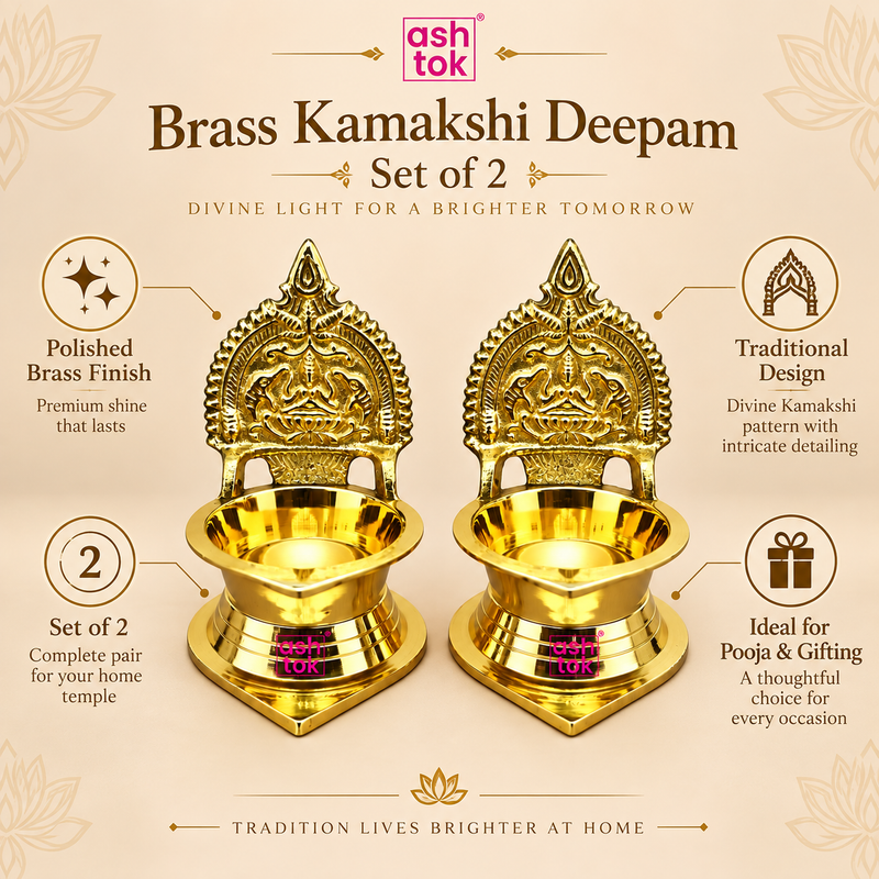 Informative product features image for Brass Kamakshi Deepam set of 2 on a beige background. The image shows two polished brass lamps in the center along with text and icons highlighting features such as polished brass finish, traditional design, set of 2 pieces, and suitability for pooja and gifting. The visual communicates the spiritual appeal, fine craftsmanship, and practical use of the lamps for home temples, festive occasions, and devotional décor.
