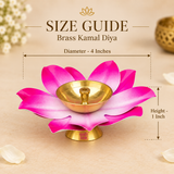 Size guide image of a Brass Kamal Diya in pink lotus design showing approximately 4 inch diameter and 1 inch height with clear measurement arrows, while displaying the layered lotus petals, central polished brass bowl, wick holder and short brass pedestal base on a premium beige background, helping customers understand the compact dimensions and proportions before purchase for daily puja, Akhand diya use, festive rituals and traditional gifting.