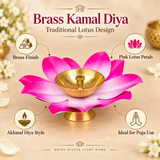 Features image of a Brass Kamal Diya with traditional lotus design on a premium beige background, highlighting the polished brass finish, bright pink lotus petals, Akhand diya style and suitability for puja use, while clearly showing the pink-to-white layered petals, golden brass oil bowl, central wick holder and compact pedestal base for customers looking for a decorative diya for worship, festivals, home mandir use and gifting.