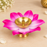 Brass Kamal Diya shown from a slightly elevated top angle on a warm beige studio background, clearly displaying the layered pink lotus petals, soft pink-to-white gradient finish, polished golden brass bowl, centered wick holder and short pedestal base, photographed with clean reflections and realistic lighting to help customers view the petal arrangement, bowl depth and traditional Akhand diya design for pooja, festive lighting and devotional use.