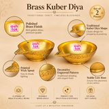 Brass Kuber Diya product features infographic highlighting a matching set of two traditional golden brass pooja oil lamps with smooth rounded oil reservoirs, rich polished brass surfaces, decorative pointed wick spouts, intricate geometric engravings around the outer rims, and sturdy circular bases for stable placement. The illustration includes detailed feature callouts showcasing the reflective golden brass finish, traditional Kuber diya bowl shape, ornamental exterior patterns, carefully formed.