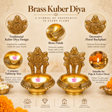 Features image of Brass Kuber Diya set of 2 highlighting the traditional floral backplate, decorative embossed detailing, rich brass finish, compact tabletop size and deep oil-holding bowl. These brass diyas are ideal for pooja rituals, festive decor, spiritual use and gifting.