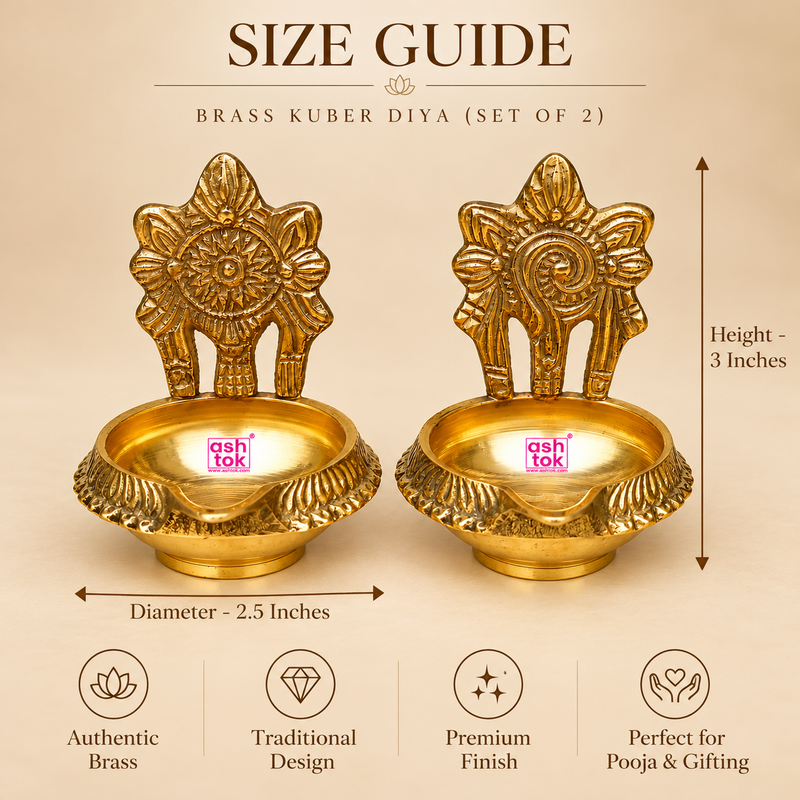 Size guide image of Brass Kuber Diya set of 2 showing the traditional brass diya design with floral backplate, round oil bowl and textured outer rim. The dimensions are clearly displayed as 2.5 inches diameter and 3 inches height. Suitable for pooja room use, festive decor and home temple arrangements.