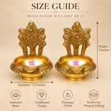 Size guide image of Brass Kuber Diya set of 2 showing the traditional brass diya design with floral backplate, round oil bowl and textured outer rim. The dimensions are clearly displayed as 2.5 inches diameter and 3 inches height. Suitable for pooja room use, festive decor and home temple arrangements.
