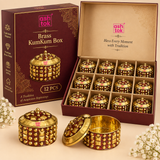 Premium packaging image of Brass KumKum Box 12 pcs set in an Ashtok gift box with neatly arranged pieces inside and open sample product displayed in front.