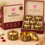 Premium packaging image of Brass KumKum Box 5 pcs gift set in an Ashtok box with cushioned compartments and open as well as closed product pieces displayed in front.

If you want, I can also give these in this format: