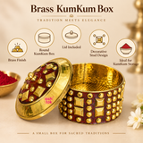 Feature image of Brass KumKum Box highlighting brass finish, round shape, lid included, decorative stud design and suitability for kumkum storage, pooja and gifting.