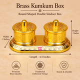 Size guide for Brass Kumkum Box showing approximately 4.5 inches length, 2 inches width and 2 inches height, with clear measurement arrows around the round double sindoor container on a premium beige background.