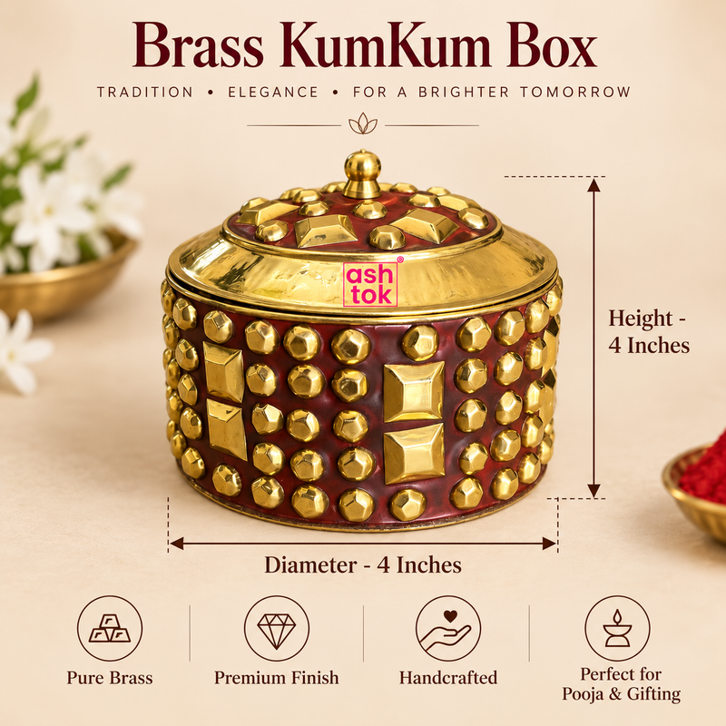 Brass KumKum Box size guide image showing a round decorative brass kumkum box with 4 inch diameter and 4 inch height, finished in maroon and gold stud detailing on a beige background.