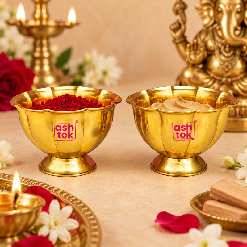 Brass Lotus Chandan Cups shown in a traditional puja setting with kumkum and chandan paste inside the bowls, surrounded by diya, flowers and devotional decor for daily worship and festive rituals.