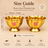 Size guide for Brass Lotus Chandan Cup showing approximately 3 inches diameter, 3 inches height and 15 grams weight for each bowl, with clear measurement markings on a premium beige background.